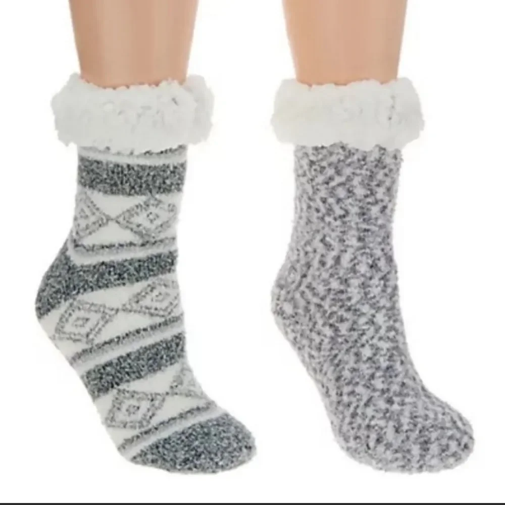 Cuddl Duds Sherpa Lined Gray Cabin Socks Set Of 2‎ Sz 4-10